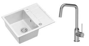 Quadron Unique Zlewozmywak granitowy jednokomorowy 62*50*22 cm z ociekaczem MORGAN 116 SNOW WHITE z syfonem Push-2-Open w kolorze stalowym z baterią NATALIE Q LINE kolor stal szczotkowana-DARMOWA DOSTAWA