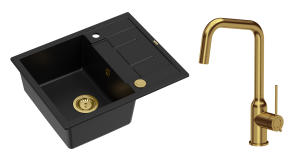 Quadron Unique Zlewozmywak granitowy jednokomorowy 62*50*22 cm z ociekaczem MORGAN 116 PURE CARBON z syfonem Push-2-Open w kolorze złotym z baterią NATALIE Q LINE kolor złoty-DARMOWA DOSTAWA