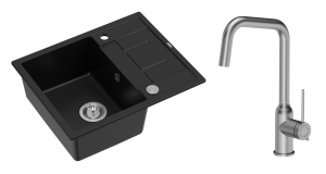 Quadron Unique Zlewozmywak granitowy jednokomorowy 62*50*22 cm z ociekaczem MORGAN 116 PURE CARBON z syfonem Push-2-Open w kolorze stalowym z baterią NATALIE Q LINE kolor stal szczotkowana-DARMOWA DOSTAWA