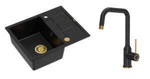 Quadron Unique Zlewozmywak granitowy jednokomorowy 62*50*22 cm z ociekaczem MORGAN 116 PURE CARBON z syfonem Push-2-Open w kolorze złotym z baterią NATALIE Q LINE PURE CARBON kolor czarny mat/wykończenie złote-DARMOWA DOSTAWA