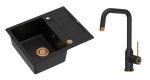 Quadron Unique Zlewozmywak granitowy jednokomorowy 62*50*22 cm z ociekaczem MORGAN 116 PURE CARBON z syfonem Push-2-Open w kolorze miedzianym z baterią NATALIE Q LINE PURE CARBON kolor czarny mat/wykończenie miedź-DARMOWA DOSTAWA