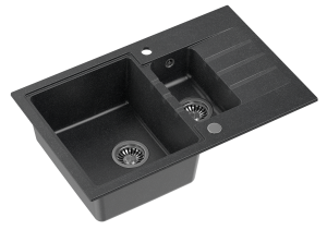 Quadron POP Zlewozmywak granitowy półtorakomorowy 78*50*20/13,5 cm z ociekaczem PETER 156 GRANITEQ  black dotted ze stalowym odpływem