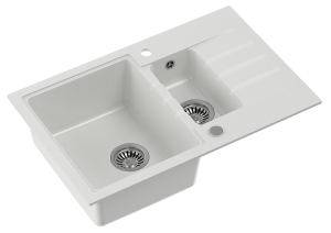 Quadron POP Zlewozmywak granitowy półtorakomorowy 78*50*20/13,5 cm z ociekaczem PETER 156 GRANITEQ  snow white ze stalowym odpływem