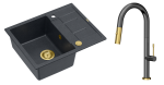Quadron Unique Zlewozmywak granitowy jednokomorowy 62*50*22 cm z ociekaczem MORGAN 116 BLACK DIAMOND z syfonem Push-2-Open w kolorze złotym z baterią FELICITY T LINE GRAPHITE  z wyciąganą wylewką i funkcją prysznica kolor grafit/złoty-DARMOWA DOSTAWA