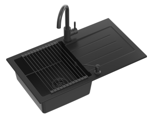 Quadron POP Zlewozmywak granitowy jednokomorowy 77*44*18,5 cm z ociekaczem JOHNNY 111 pure carbon z czarnym odpływem z baterią KATE pure carbon , dozownikiem i rollmatą