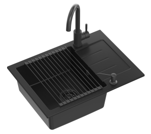 Quadron POP Zlewozmywak granitowy jednokomorowy 60*44*18,5 cm z ociekaczem JOHNNY 116 pure carbon z czarnym odpływem z baterią KATE pure carbon , dozownikiem i rollmatą