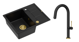 Quadron Unique Zlewozmywak granitowy jednokomorowy 62*50*22 cm z ociekaczem MORGAN 116 PURE CARBON z syfonem Push-2-Open w kolorze złotym z baterią HALEY T LINE PURE CARBON kolor czarny mat/wykończenie złote-DARMOWA DOSTAWA