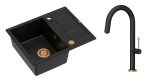 Quadron Unique Zlewozmywak granitowy jednokomorowy 62*50*22 cm z ociekaczem MORGAN 116 PURE CARBON z syfonem Push-2-Open w kolorze miedzianym z baterią HALEY T LINE PURE CARBON kolor czarny mat/wykończenie miedź-DARMOWA DOSTAWA