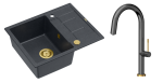 Quadron Unique Zlewozmywak granitowy jednokomorowy 62*50*22 cm z ociekaczem MORGAN 116 BLACK DIAMOND z syfonem Push-2-Open w kolorze złotym z baterią HALEY T LINE GRAPHITE METAL kolor grafit/wykończenie złote-DARMOWA DOSTAWA