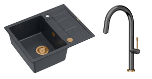 Quadron Unique Zlewozmywak granitowy jednokomorowy 62*50*22 cm z ociekaczem MORGAN 116 BLACK DIAMOND z syfonem Push-2-Open w kolorze miedzianym z baterią HALEY T LINE GRAPHITE METAL kolor grafit/wykończenie miedź-DARMOWA DOSTAWA