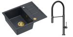 Quadron Unique Zlewozmywak granitowy jednokomorowy 62*50*22 cm z ociekaczem MORGAN 116 BLACK DIAMOND z syfonem Push-2-Open w kolorze złotym z baterią MARGOT T LINE GRAPHITE METAL z ruchomą wylewką kolor grafit/czarny wąż-DARMOWA DOSTAWA