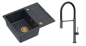 Quadron Unique Zlewozmywak granitowy jednokomorowy 62*50*22 cm z ociekaczem MORGAN 116 BLACK DIAMOND z syfonem Push-2-Open w kolorze miedzianym z baterią MARGOT T LINE GRAPHITE METAL z ruchomą wylewką kolor grafit/czarny wąż-DARMOWA DOSTAWA