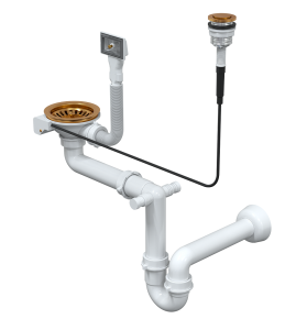 Quadron Unique Syfon  PUSH TO OPEN pionowy do zlewozmywaka stalowego1 lub 1 komora z ociekaczem 3,5" cala, przycisk okrągły  kolor PVD miedziany, SAVE SPACE