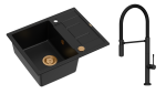Quadron Unique Zlewozmywak granitowy jednokomorowy 62*50*22 cm z ociekaczem MORGAN 116 PURE CARBON z syfonem Push-2-Open w kolorze miedzianym z baterią MARGOT T LINE PURE CARBON z ruchomą wylewką  kolor czarny mat/czarny wąż-DARMOWA DOSTAWA