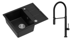 Quadron Unique Zlewozmywak granitowy jednokomorowy 62*50*22 cm z ociekaczem MORGAN 116 PURE CARBON z syfonem Push-2-Open w kolorze stalowym z baterią MARGOT T LINE PURE CARBON z ruchomą wylewką  kolor czarny mat/czarny wąż-DARMOWA DOSTAWA