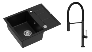 Quadron Unique Zlewozmywak granitowy jednokomorowy 62*50*22 cm z ociekaczem MORGAN 116 PURE CARBON z syfonem Push-2-Open w kolorze stalowym z baterią MARGOT T LINE PURE CARBON z ruchomą wylewką  kolor czarny mat/czarny wąż-DARMOWA DOSTAWA
