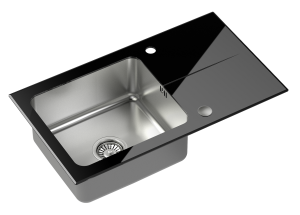 Quadron POP Zlewozmywak szklany jednokomorowy 77*44*19 cm z ociekaczem HUGH 111 GlassQ kolor czarny/stalowy-DARMOWA DOSTAWA