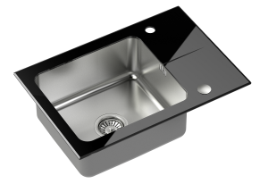 Quadron POP Zlewozmywak szklany jednokomorowy 64*44*19 cm z ociekaczem HUGH 116 GlassQ kolor czarny/stalowy-DARMOWA DOSTAWA