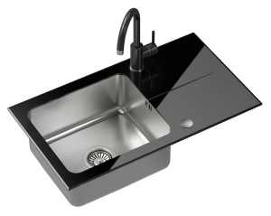 Quadron POP Zlewozmywak szklany jednokomorowy 77*44*19 cm z ociekaczem HUGH 111 GlassQ  kolor czarny/stalowy z baterią NAOMI czarny połysk-DARMOWA DOSTAWA