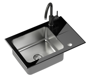 Quadron POP Zlewozmywak szklany jednokomorowy 64*44*19 cm z ociekaczem HUGH 116 GlassQ kolor czarny/stalowy z baterią NAOMI czarny połysk-DARMOWA DOSTAWA