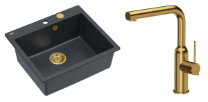 Quadron Unique Zlewozmywak granitowy jednokomorowy 57*50*22 cm MORGAN 110 BLACK DIAMOND z syfonem Push-2-Open w kolorze złotym z baterią ANGELINA Q LINE z wyciąganą wylewką kolor złoty-DARMOWA DOSTAWA