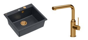 Quadron Unique Zlewozmywak granitowy jednokomorowy 57*50*22 cm MORGAN 110 BLACK DIAMOND z syfonem Push-2-Open w kolorze miedzianym z baterią ANGELINA Q LINE z wyciąganą wylewką kolor miedziany-DARMOWA DOSTAWA