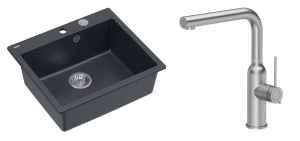 Quadron Unique Zlewozmywak granitowy jednokomorowy 57*50*22 cm MORGAN 110 BLACK DIAMOND z syfonem Push-2-Open w kolorze stalowym z baterią ANGELINA Q LINE z wyciąganą wylewką kolor stal szczotkowana-DARMOWA DOSTAWA