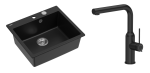 Quadron Unique Zlewozmywak granitowy jednokomorowy 57*50*22 cm MORGAN 110 PURE CARBON z syfonem Push-2-Open w kolorze stalowym z baterią  ANGELINA Q LINE PURE CARBON z wyciąganą wylewką kolor czarny mat-DARMOWA DOSTAWA