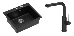 Quadron Unique Zlewozmywak granitowy jednokomorowy 57*50*22 cm MORGAN 110 PURE CARBON z syfonem Push-2-Open w kolorze stalowym z baterią  ANGELINA Q LINE PURE CARBON z wyciąganą wylewką kolor czarny mat-DARMOWA DOSTAWA