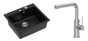 Quadron Unique Zlewozmywak granitowy jednokomorowy 57*50*22 cm MORGAN 110 PURE CARBON z syfonem Push-2-Open w kolorze stalowym z baterią ANGELINA Q LINE z wyciąganą wylewką kolor stal szczotkowana-DARMOWA DOSTAWA