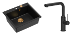 Quadron Unique Zlewozmywak granitowy jednokomorowy 57*50*22 cm MORGAN 110 PURE CARBON  z syfonem Push-2-Open w kolorze miedzianym z baterią ANGELINA Q LINE PURE CARBON z wyciąganą wylewką kolor czarny mat-DARMOWA DOSTAWA