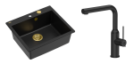 Quadron Unique Zlewozmywak granitowy jednokomorowy 57*50*22 cm MORGAN 110 PURE CARBON z syfonem Push-2-Open w kolorze złotym z baterią ANGELINA Q LINE PURE CARBON z wyciąganą wylewką kolor czarny mat-DARMOWA DOSTAWA