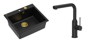 Quadron Unique Zlewozmywak granitowy jednokomorowy 57*50*22 cm MORGAN 110 PURE CARBON z syfonem Push-2-Open w kolorze złotym z baterią ANGELINA Q LINE PURE CARBON z wyciąganą wylewką kolor czarny mat-DARMOWA DOSTAWA