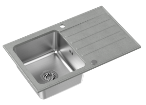 Quadron POP Zlewozmywak granitowy / stal szlachetna jednokomorowy 78*48*19,5 cm z ociekaczem KENNETH 111 FUSION GRANITEQ silver stone ze stalowym odpływem
