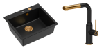 Quadron Unique Zlewozmywak granitowy jednokomorowy 57*50*22 cm MORGAN 110 PURE CARBON  z syfonem Push-2-Open w kolorze miedzianym  z baterią ANGELINA Q LINE PURE CARBON z wyciąganą wylewką kolor czarny mat/wykończenie miedź-DARMOWA DOSTAWA