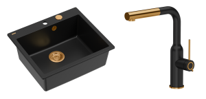 Quadron Unique Zlewozmywak granitowy jednokomorowy 57*50*22 cm MORGAN 110 PURE CARBON  z syfonem Push-2-Open w kolorze miedzianym  z baterią ANGELINA Q LINE PURE CARBON z wyciąganą wylewką kolor czarny mat/wykończenie miedź-DARMOWA DOSTAWA