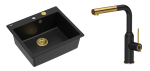 Quadron Unique Zlewozmywak granitowy jednokomorowy 57*50*22 cm MORGAN 110 PURE CARBON z syfonem Push-2-Open w kolorze złotym z baterią ANGELINA  Q LINE PURE CARBON z wyciąganą wylewką kolor czarny mat/wykończenie złote-DARMOWA DOSTAWA