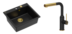 Quadron Unique Zlewozmywak granitowy jednokomorowy 57*50*22 cm MORGAN 110 PURE CARBON z syfonem Push-2-Open w kolorze złotym z baterią ANGELINA  Q LINE PURE CARBON z wyciąganą wylewką kolor czarny mat/wykończenie złote-DARMOWA DOSTAWA