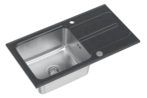 Quadron POP Zlewozmywak granitowy / stal szlachetna jednokomorowy 78*43*19,5 cm z ociekaczem RALPH 111 FUSION GRANITEQ black dotted ze stalowym odpływem