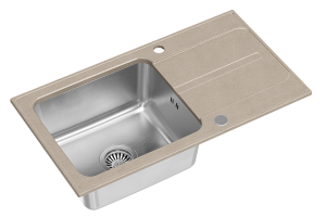 Quadron POP Zlewozmywak granitowy / stal szlachetna jednokomorowy 78*43*19,5 cm z ociekaczem RALPH 111 FUSION GRANITEQ river sand ze stalowym odpływem