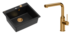 Quadron Unique Zlewozmywak granitowy jednokomorowy 57*50*22 cm MORGAN 110 PURE CARBON  z syfonem Push-2-Open w kolorze miedzianym z baterią ANGELINA  Q LINE z wyciąganą wylewką kolor miedziany-DARMOWA DOSTAWA