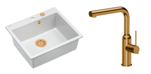 Quadron Unique Zlewozmywak granitowy jednokomorowy 57*50*22 cm MORGAN 110 SNOW WHITE z syfonem Push-2-Open w kolorze miedzianym z baterią  ANGELINA  Q LINE z wyciąganą wylewką kolor miedziany-DARMOWA DOSTAWA