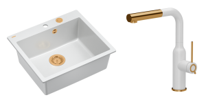 Quadron Unique Zlewozmywak granitowy jednokomorowy 57*50*22 cm MORGAN 110 SNOW WHITE z syfonem Push-2-Open w kolorze miedzianym z baterią ANGELINA  Q LINE SNOW WHITE z wyciąganą wylewką kolor biały mat/wykończenie miedź-DARMOWA DOSTAWA