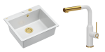 Quadron Unique Zlewozmywak granitowy jednokomorowy 57*50*22 cm MORGAN 110 SNOW WHITE z syfonem Push-2-Open w kolorze złotym z baterią ANGELINA  Q LINE  SNOW WHITE z wyciąganą wylewką kolor biały mat/wykończenie złote-DARMOWA DOSTAWA
