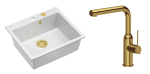 Quadron Unique Zlewozmywak granitowy jednokomorowy 57*50*22 cm MORGAN 110 SNOW WHITE z syfonem Push-2-Open w kolorze złotym z baterią ANGELINA Q LINE z wyciąganą wylewką kolor złoty-DARMOWA DOSTAWA