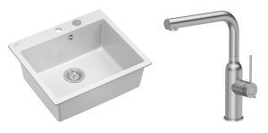 Quadron Unique Zlewozmywak granitowy jednokomorowy 57*50*22 cm MORGAN 110 SNOW WHITE z syfonem Push-2-Open w kolorze stalowym z baterią ANGELINA Q LINE z wyciąganą wylewką kolor stal szczotkowana-DARMOWA DOSTAWA