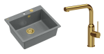 Quadron Unique Zlewozmywak granitowy jednokomorowy 57*50*22 cm MORGAN 110 SILVER STONE z syfonem Push-2-Open w kolorze złotym z baterią ANGELINA Q LINE z wyciąganą wylewką kolor złoty-DARMOWA DOSTAWA