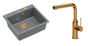 Quadron Unique Zlewozmywak granitowy jednokomorowy 57*50*22 cm MORGAN 110 SILVER STONE z syfonem Push-2-Open w kolorze miedzianym z baterią ANGELINA  Q LINE z wyciąganą wylewką kolor miedziany-DARMOWA DOSTAWA