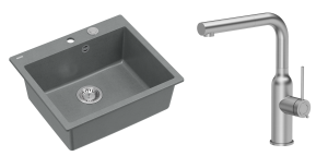 Quadron Unique Zlewozmywak granitowy jednokomorowy 57*50*22 cm MORGAN 110 SILVER STONE z syfonem Push-2-Open w kolorze stalowym z baterią ANGELINA Q LINE z wyciąganą wylewką kolor stal szczotkowana-DARMOWA DOSTAWA