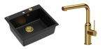 Quadron Unique Zlewozmywak granitowy jednokomorowy 57*50*22 cm MORGAN 110 PURE CARBON z syfonem Push-2-Open w kolorze złotym z baterią ANGELINA Q LINE z wyciąganą wylewką kolor złoty-DARMOWA DOSTAWA